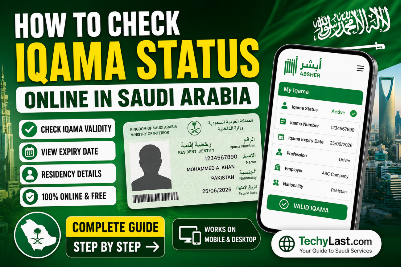 Saudi Arabia has made almost every government service available online, making life easier for expatriates. If you are living and working in the Kingdom, keeping track of your Iqama status is extremely important. Whether you want to know if your Iqama is active, when it expires, or whether your employer has renewed it, you can check everything online within a few minutes. In this detailed guide by TechyLast.com, you'll learn different methods to check your Iqama status online in Saudi Arabia, what information you'll need, and what to do if your Iqama has expired. What is an Iqama? An Iqama (Residence Permit) is the official identity card issued to expatriates living in Saudi Arabia. It serves as proof of your legal residency and employment in the Kingdom. Your Iqama contains important information including: Iqama Number Full Name Nationality Employer Details Profession Expiry Date Residency Status Without a valid Iqama, you may face fines, service restrictions, or legal issues. Why Should You Regularly Check Your Iqama Status? Checking your Iqama status regularly helps you: Know your Iqama expiry date. Confirm whether your employer renewed it. Avoid government fines. Prevent problems during travel. Access Absher and other Saudi government services. Maintain legal residency. Information Required Before checking your Iqama status, keep the following ready: Iqama Number Date of Birth (if required) Registered Mobile Number Internet Connection Method 1: Check Iqama Status Through Absher Absher is the official online portal used by millions of Saudi residents. Steps: Open the official Absher website. Log in using your account. Enter the OTP received on your mobile. Go to My Services. Select My Iqama. Your residency details will appear on the screen. You can see: Iqama Status Expiry Date Profession Sponsor Information Nationality Residency Details Method 2: Check Iqama Validity Online If you only want to verify whether your Iqama is valid: Visit the official Saudi government portal. Open the Iqama Validity service. Enter your Iqama Number. Complete the verification. Submit the request. Your current residency status and expiry date will be displayed. What Information Can You See? When your Iqama details appear, you can verify: Full Name Iqama Number Resident Status Expiry Date Employer Name Profession Nationality Residency Validity What Happens if Your Iqama Has Expired? If your Iqama expires: Government services may stop working. You may receive financial penalties. Travel permissions may become unavailable. Banks may restrict certain services. Your employer should renew your Iqama before the expiry date. Always check your Iqama before its expiry. Common Reasons Why an Iqama Shows as Invalid Sometimes users see errors while checking their Iqama. Possible reasons include: Incorrect Iqama Number Employer has not completed renewal System maintenance Internet issues Temporary government service delays Try again after some time if the problem continues. Tips for Saudi Expats To avoid future problems: Check your Iqama every month. Save a digital copy of your Iqama. Keep your registered mobile number active. Enable notifications from government services. Contact your employer immediately if your renewal is delayed. Frequently Asked Questions (FAQ) Can I check my Iqama status online? Yes. Saudi Arabia allows residents to check their Iqama status online using official government services. Is checking Iqama status free? Yes, checking your Iqama status is completely free through official government portals. How often should I check my Iqama? It is recommended to check it at least once every month, especially if your expiry date is approaching. Can I see my Iqama expiry date online? Yes. After logging into the official service, your expiry date will be displayed. What should I do if my Iqama has expired? Contact your employer immediately and request renewal. Avoid delaying because penalties may apply. Final Words Your Iqama is one of the most important documents for living legally in Saudi Arabia. Regularly checking its status helps you avoid unnecessary fines, service interruptions, and legal complications. Whether you are a new expatriate or have been living in Saudi Arabia for years, monitoring your residency status should be part of your routine. Saudi Arabia has made almost every government service available online, making life easier for expatriates. If you are living and working in the Kingdom, keeping track of your Iqama status is extremely important. Whether you want to know if your Iqama is active, when it expires, or whether your employer has renewed it, you can check everything online within a few minutes. In this detailed guide by TechyLast.com, you'll learn different methods to check your Iqama status online in Saudi Arabia, what information you'll need, and what to do if your Iqama has expired. What is an Iqama? An Iqama (Residence Permit) is the official identity card issued to expatriates living in Saudi Arabia. It serves as proof of your legal residency and employment in the Kingdom. Your Iqama contains important information including: Iqama Number Full Name Nationality Employer Details Profession Expiry Date Residency Status Without a valid Iqama, you may face fines, service restrictions, or legal issues. Why Should You Regularly Check Your Iqama Status? Checking your Iqama status regularly helps you: Know your Iqama expiry date. Confirm whether your employer renewed it. Avoid government fines. Prevent problems during travel. Access Absher and other Saudi government services. Maintain legal residency. Information Required Before checking your Iqama status, keep the following ready: Iqama Number Date of Birth (if required) Registered Mobile Number Internet Connection Method 1: Check Iqama Status Through Absher Absher is the official online portal used by millions of Saudi residents. Steps: Open the official Absher website. Log in using your account. Enter the OTP received on your mobile. Go to My Services. Select My Iqama. Your residency details will appear on the screen. You can see: Iqama Status Expiry Date Profession Sponsor Information Nationality Residency Details Method 2: Check Iqama Validity Online If you only want to verify whether your Iqama is valid: Visit the official Saudi government portal. Open the Iqama Validity service. Enter your Iqama Number. Complete the verification. Submit the request. Your current residency status and expiry date will be displayed. What Information Can You See? When your Iqama details appear, you can verify: Full Name Iqama Number Resident Status Expiry Date Employer Name Profession Nationality Residency Validity What Happens if Your Iqama Has Expired? If your Iqama expires: Government services may stop working. You may receive financial penalties. Travel permissions may become unavailable. Banks may restrict certain services. Your employer should renew your Iqama before the expiry date. Always check your Iqama before its expiry. Common Reasons Why an Iqama Shows as Invalid Sometimes users see errors while checking their Iqama. Possible reasons include: Incorrect Iqama Number Employer has not completed renewal System maintenance Internet issues Temporary government service delays Try again after some time if the problem continues. Tips for Saudi Expats To avoid future problems: Check your Iqama every month. Save a digital copy of your Iqama. Keep your registered mobile number active. Enable notifications from government services. Contact your employer immediately if your renewal is delayed. Frequently Asked Questions (FAQ) Can I check my Iqama status online? Yes. Saudi Arabia allows residents to check their Iqama status online using official government services. Is checking Iqama status free? Yes, checking your Iqama status is completely free through official government portals. How often should I check my Iqama? It is recommended to check it at least once every month, especially if your expiry date is approaching. Can I see my Iqama expiry date online? Yes. After logging into the official service, your expiry date will be displayed. What should I do if my Iqama has expired? Contact your employer immediately and request renewal. Avoid delaying because penalties may apply. Final Words Your Iqama is one of the most important documents for living legally in Saudi Arabia. Regularly checking its status helps you avoid unnecessary fines, service interruptions, and legal complications. Whether you are a new expatriate or have been living in Saudi Arabia for years, monitoring your residency status should be part of your routine. At TechyLast.com, we publish easy-to-follow guides for expatriates living in Saudi Arabia. Bookmark our website to stay updated with the latest information about Iqama services, visas, residency rules, and other helpful Saudi government services techy last